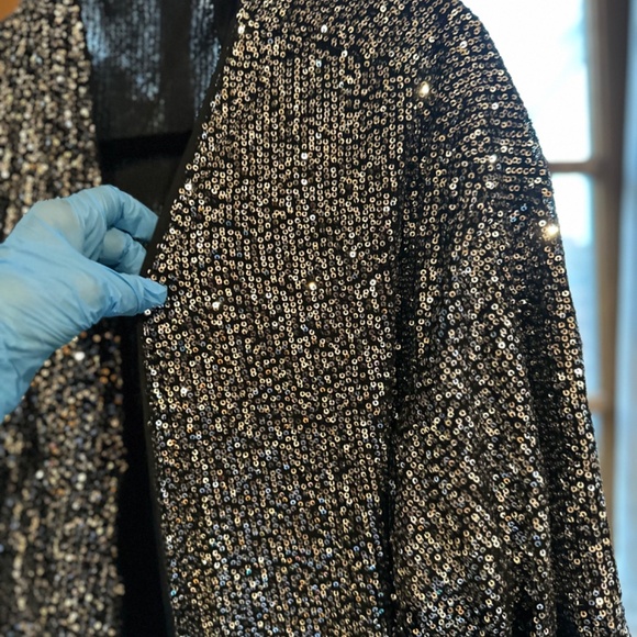 Silver Sequin Bracelet sleeve Open Front Long Cardigan - Picture 4 of 6